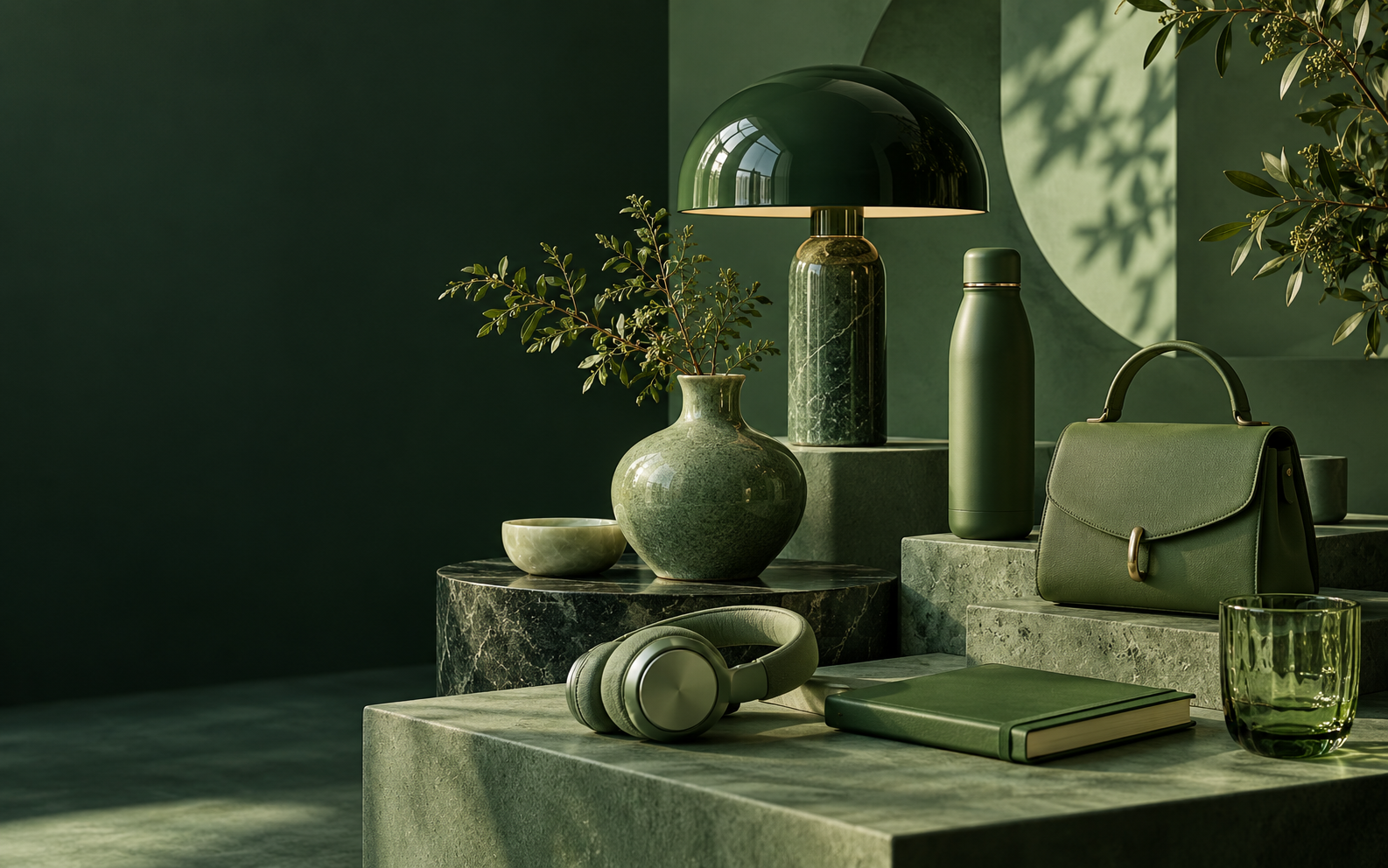 Sélection d’objets de design dans différentes nuances de vert